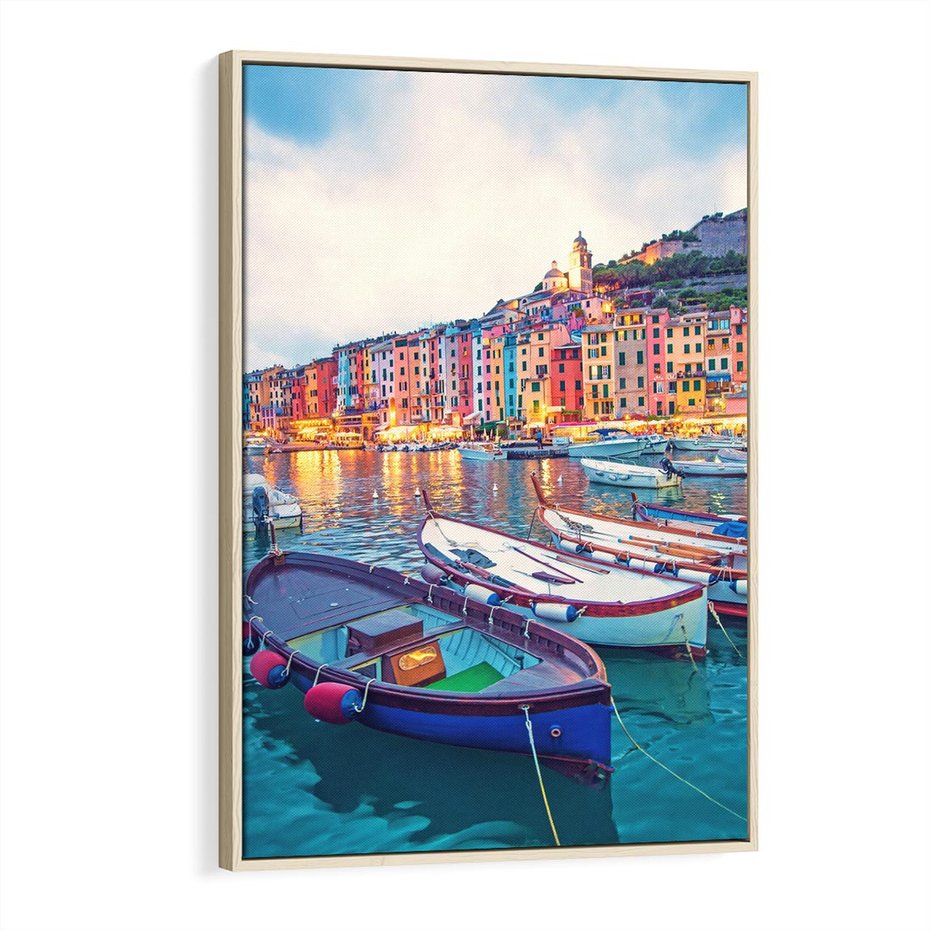 Obraz w ramie 70x100 - Tańczące kolory zachodu - nadmorskie kolorowe miast, kolorowe budynki na brzegu - rama drewno