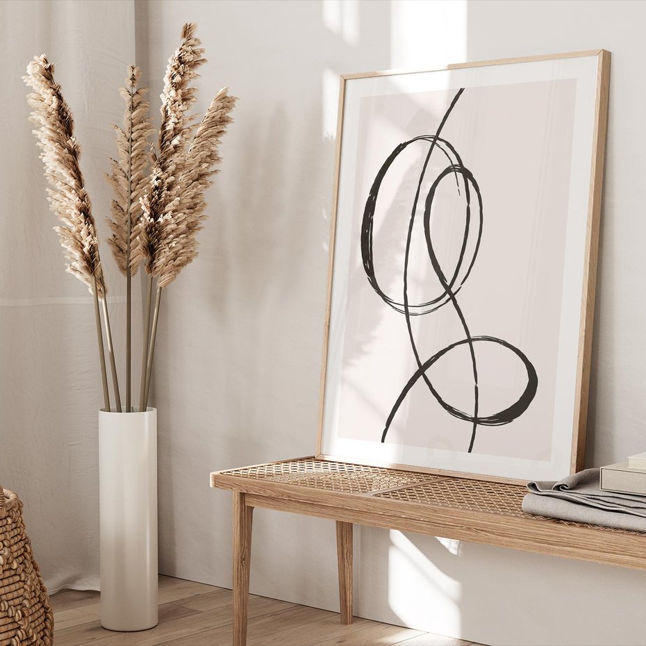 Plakat w ramie 30x40 - Zaklęte Linie - abstrakcyjne szkicowane linie, minimalizm - rama drewno