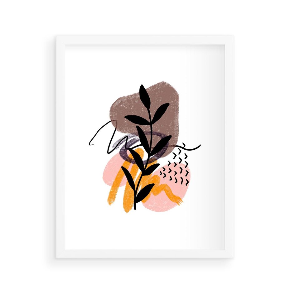 Plakat w ramie 40x50 - Echa Kształtującej się Wyobraźni - abstrakcyjna sztuka, liść gałązka - rama biała