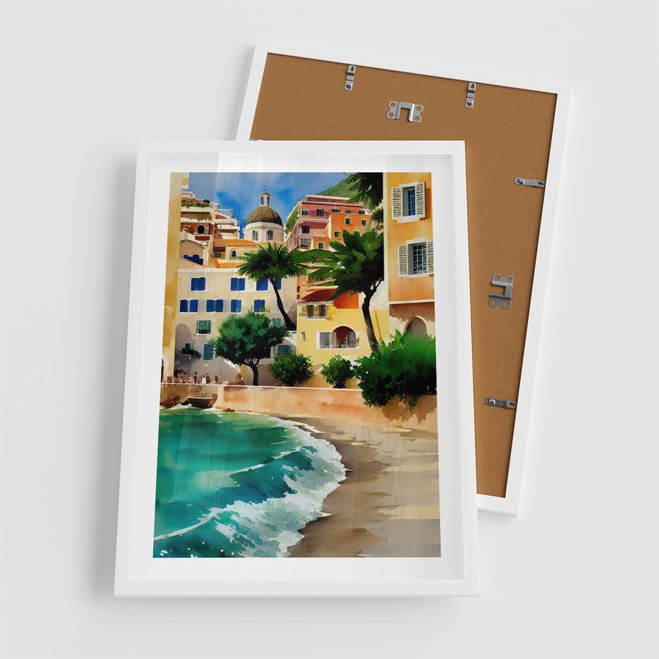 Plakat w ramie 50x70 - Zamieszkajmy Tu - akwarela, śródziemnomorski klimat - rama biała