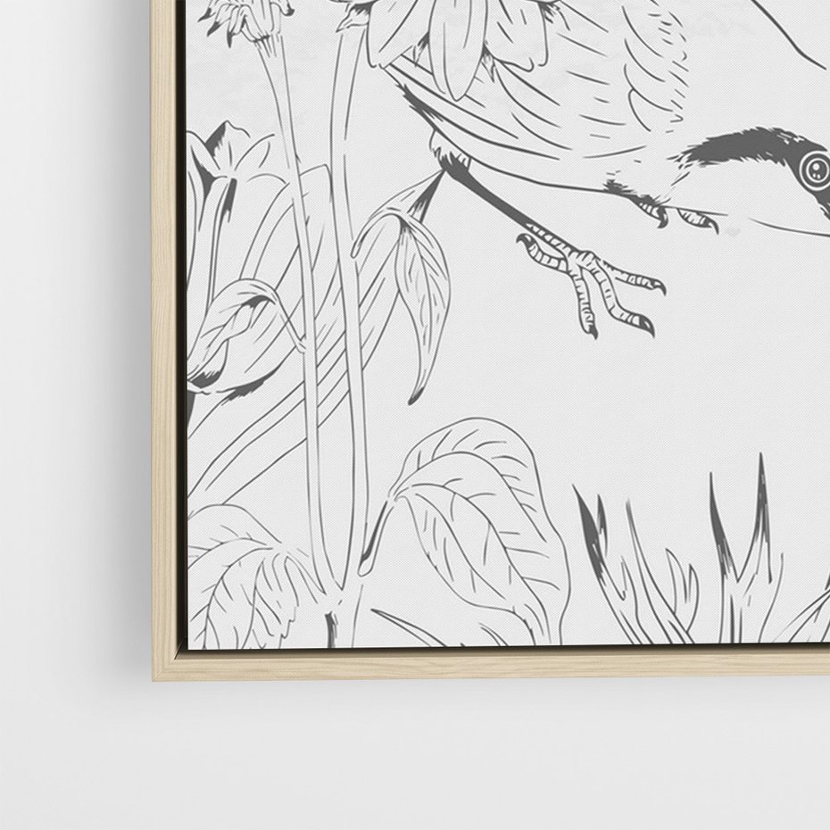 Obraz w ramie 80x120 - Tropiki w Monochromie - czarno biały szkic, tropikalne ptaki - rama drewno