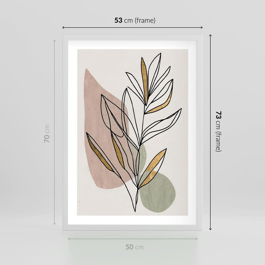 Plakat w ramie 50x70 - Impulsy Subtelnej Harmonii - abstrakcyjny obraz boho, liście - rama biała
