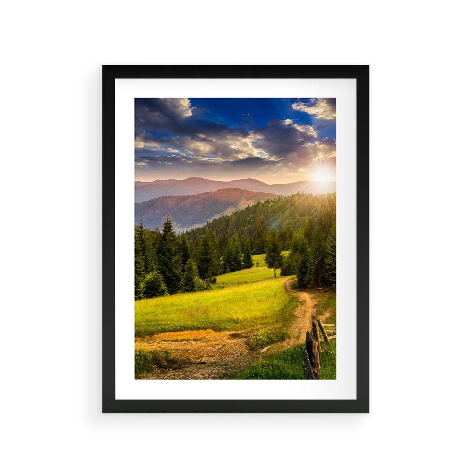 Plakat w ramie 30x40 - Zachód słońca na łące - zachód, łąka - rama czarna