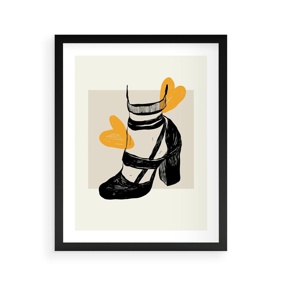 Plakat w ramie 40x50 - Elegancja w Szkicu: Stopa w Bucie na Obcasie - grafika, czarny szkic - rama czarna