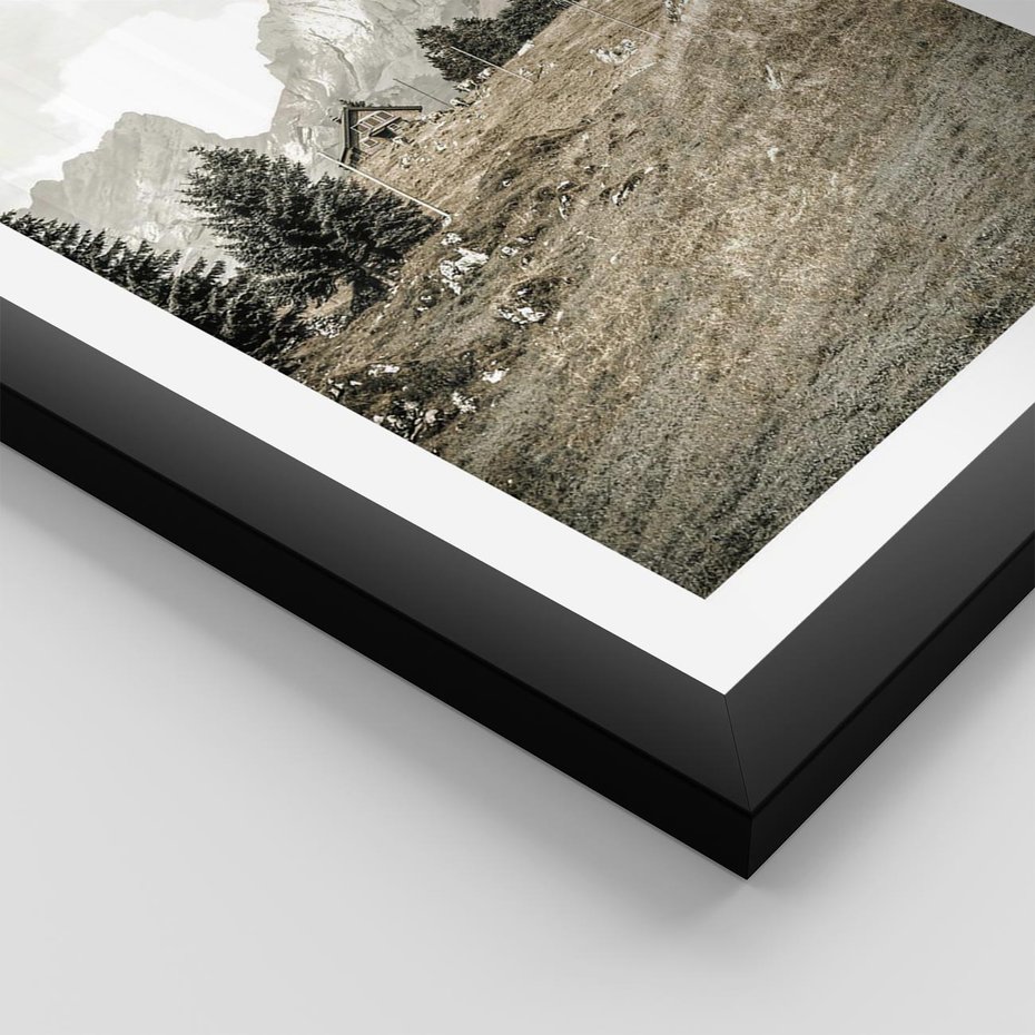 Plakat w ramie 50x70 - Krajobraz Sepii: Domek w Górach - domek w górach, góry - rama czarna