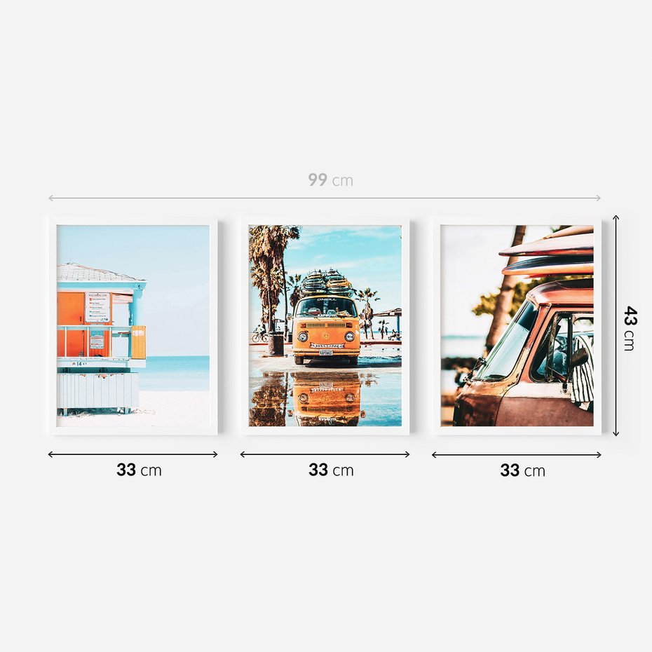 Zestaw obrazy w ramie 30x40 galeria - Plaża, podróże, wakacje, surfing, auto - rama biała
