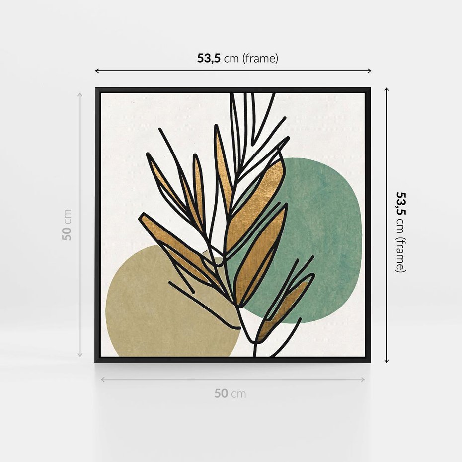 Obraz w ramie 50x50 - Migocące Ścieżki Wizji - abstrakcyjny obraz boho, liście - rama czarna