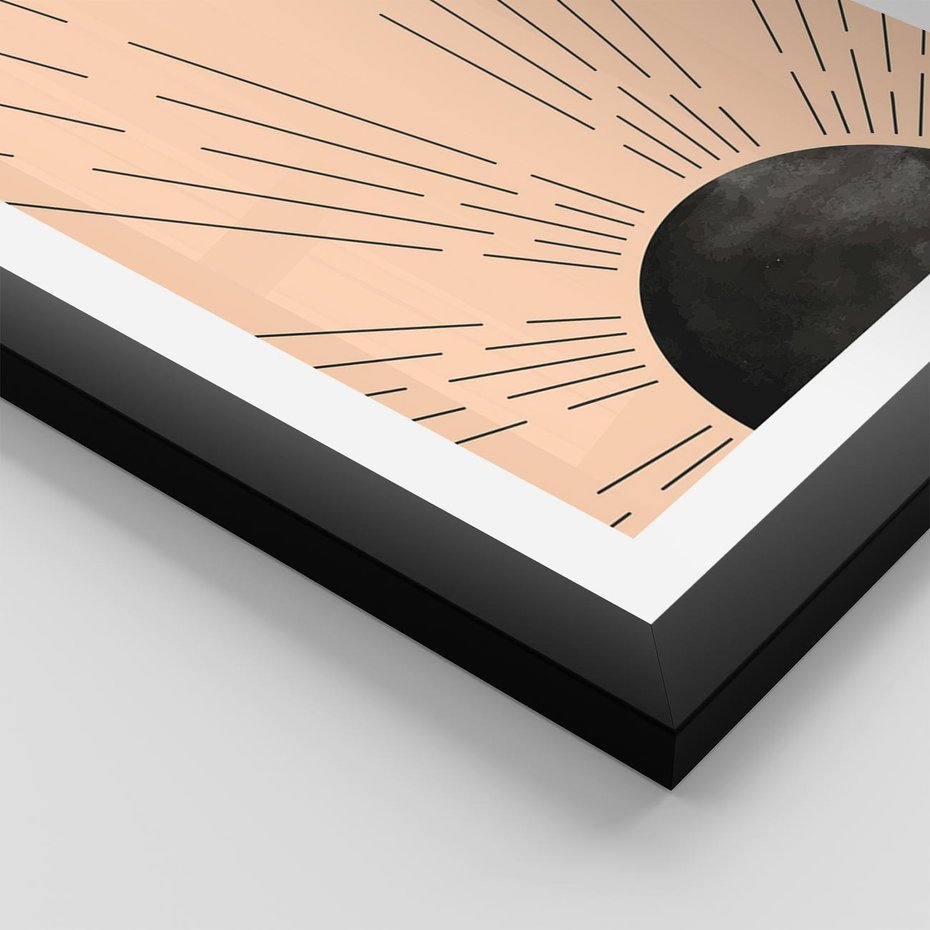 Plakat w ramie 50x70 - Migocące Kształty Promieni - boho czarne słońce, nowoczesna grafika - rama czarna