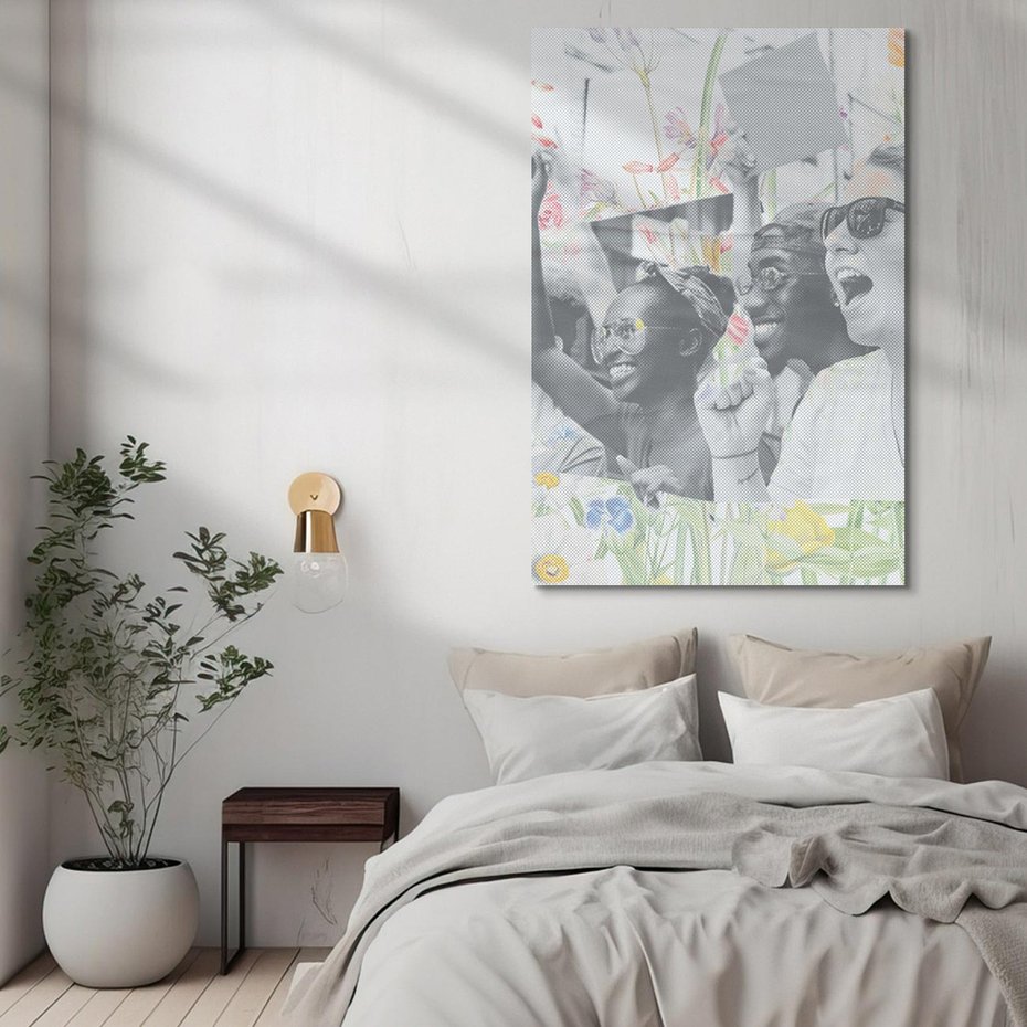 Obraz na płótnie 70x100 - Księga zaklętych marzeń - kolaż, czarnobiałe zdjęcie wesołych młodych ludzi