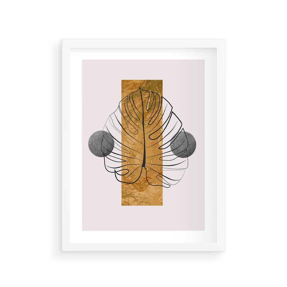 Plakat w ramie 30x40 - Minimalistyczna Monstera: Złoty Prostokąt - liść  monstery, minimalizm - rama biała