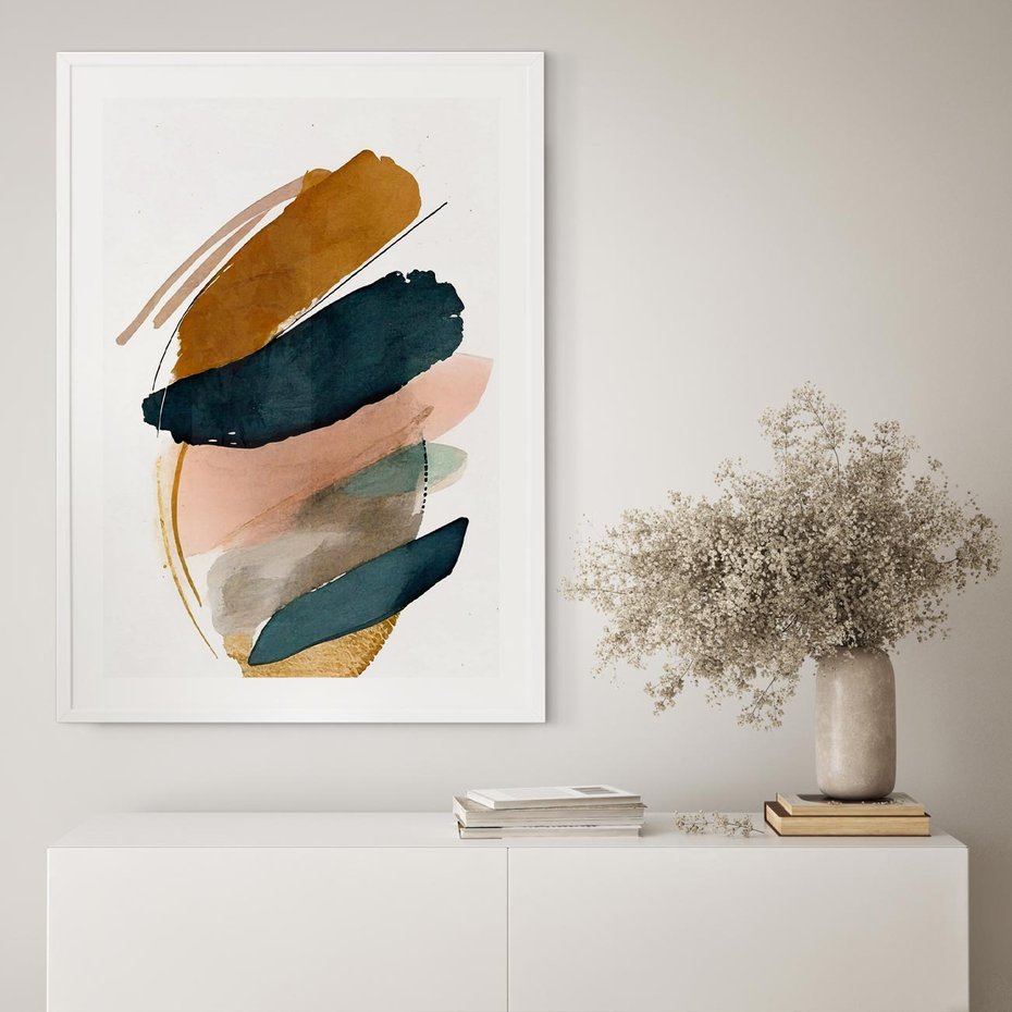 Plakat w ramie 40x50 - Migocące Impresje Przestrzeni - abstrakcyjny obraz, kolory ciepłe - rama biała