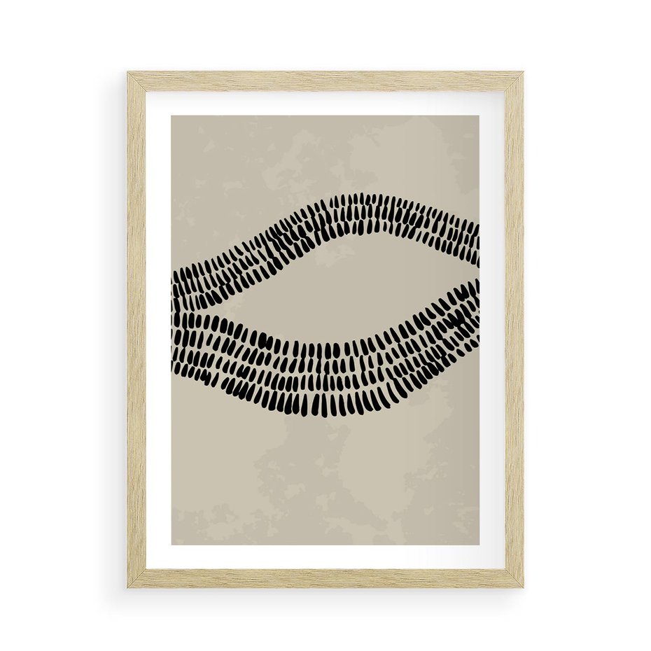 Plakat w ramie 50x70 - Kontury Ewolucji Materii - boho plakat, czarne kropki kreski - rama drewno