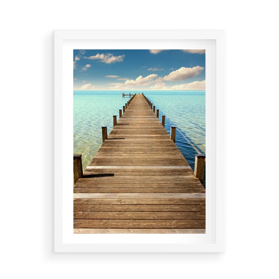 Plakat w ramie 50x70 - Pomost nad morską przestrzenią - pomost, morze - rama biała