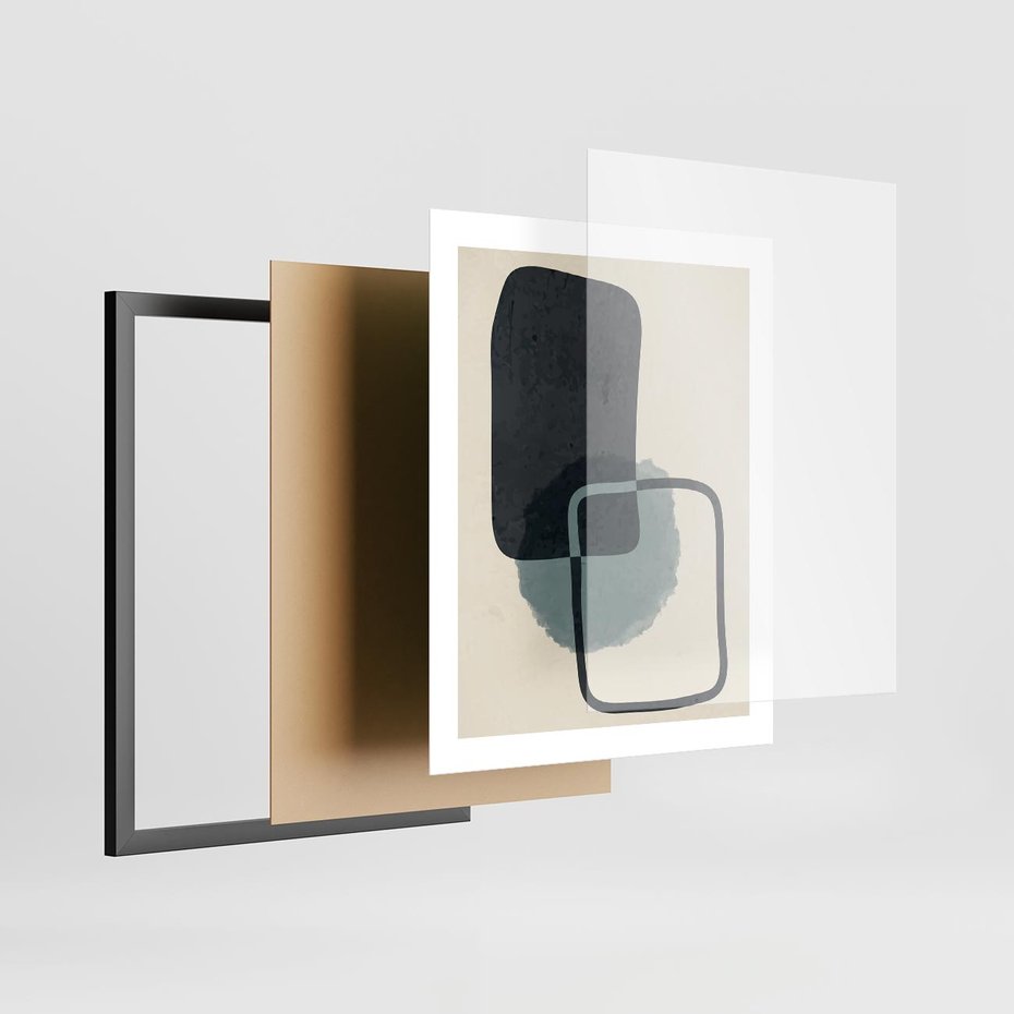 Plakat w ramie 40x50 - Migotliwe Refleksje - abstrakcyjne nieregularne kształty, minimalistyczny plakat - rama czarna