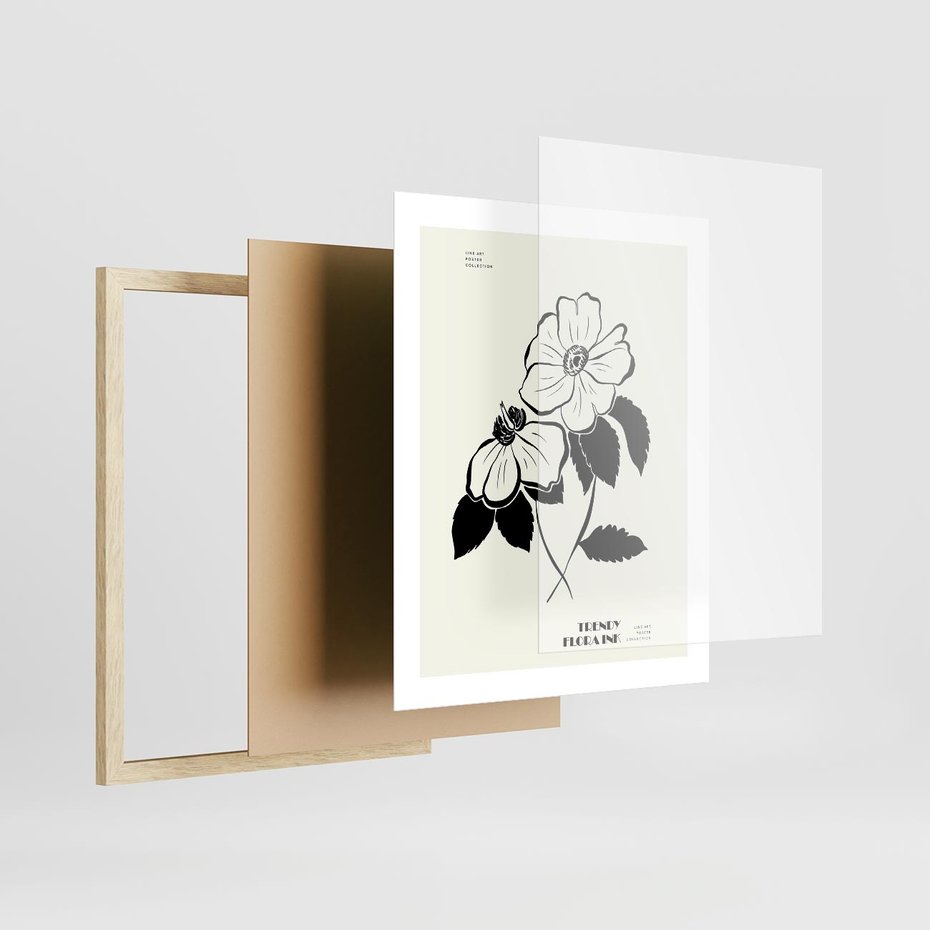 Plakat w ramie 40x50 - Poezja kwiecistej kreski - kwiaty, minimalistyczne - rama drewno