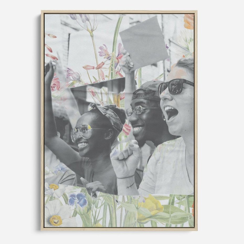 Obraz w ramie 70x100 - Księga zaklętych marzeń - kolaż, czarnobiałe zdjęcie wesołych młodych ludzi - rama drewno