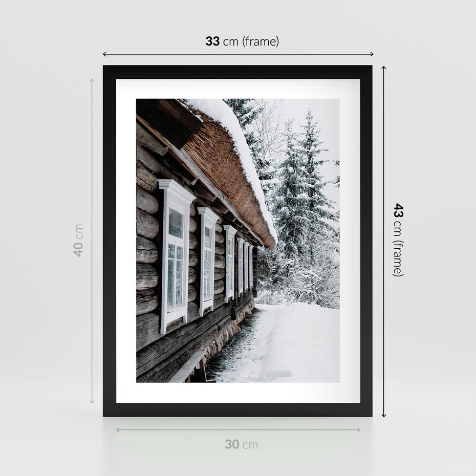 Plakat w ramie 30x40 - Cicha Zima - zima, domek w górach - rama czarna