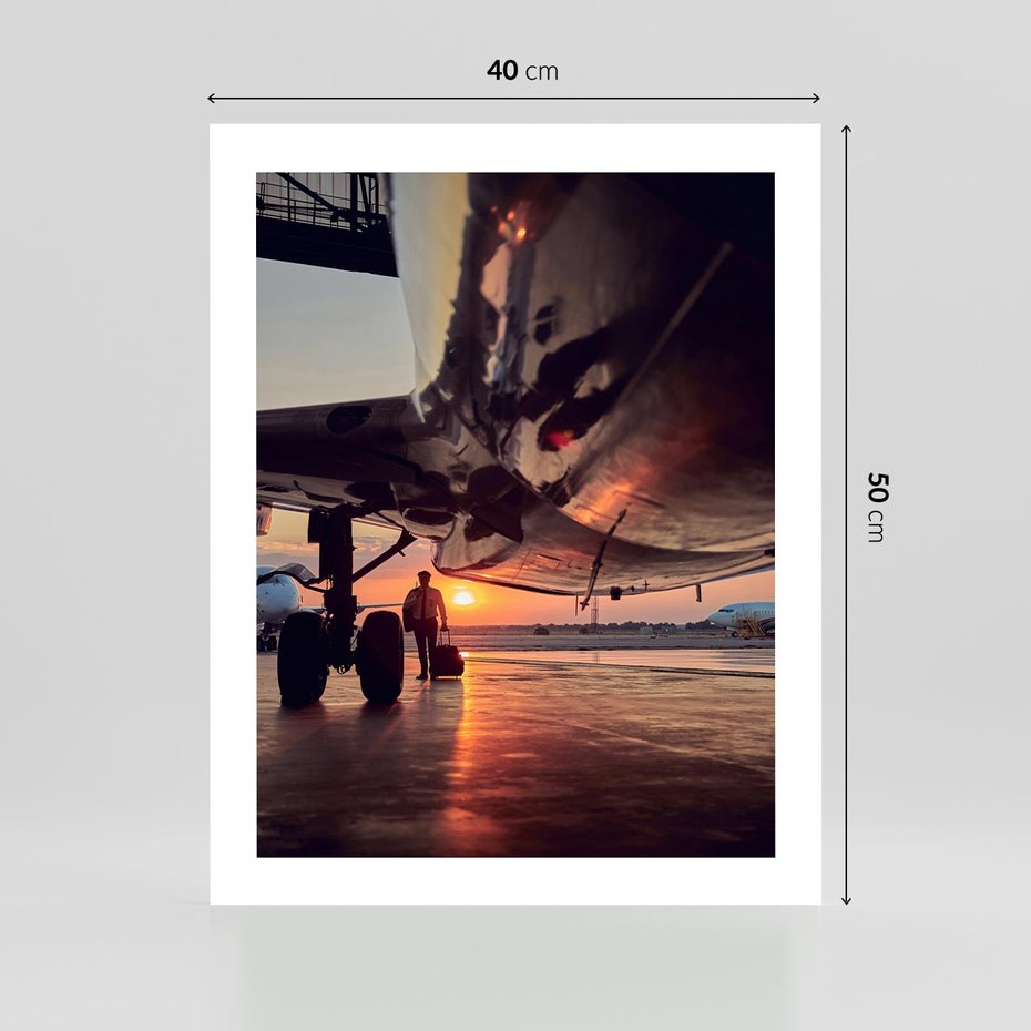 Plakat bez ramy 40x50 - Podróż ku Zachodzącemu Słońcu - samolot, scena na lotnisku