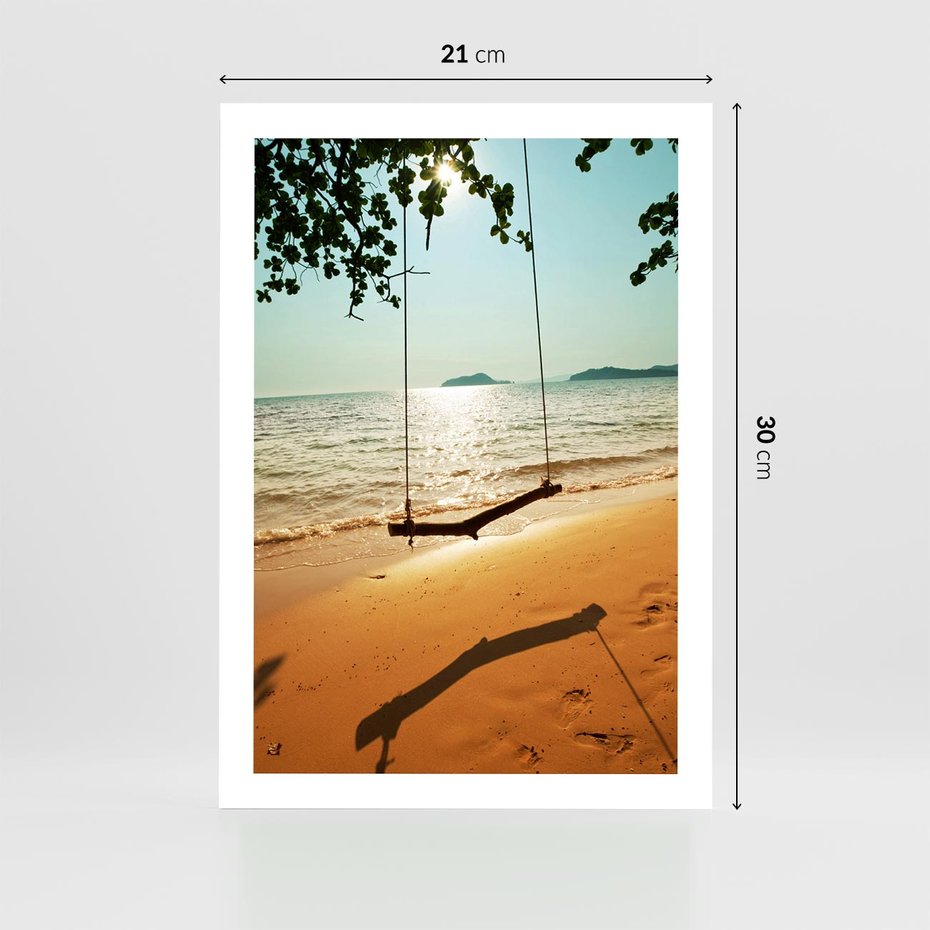 Plakat bez ramy 21x30 - Tropikalna plaża i huśtawka - plaża, tropiki