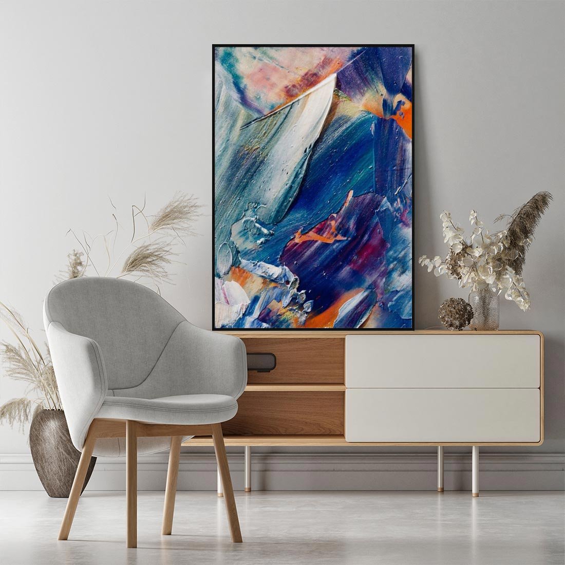 Obraz w ramie 50x70 - Rytmy ukrytych pragnień - chaos i abstrakcja, plamy koloru - rama czarna