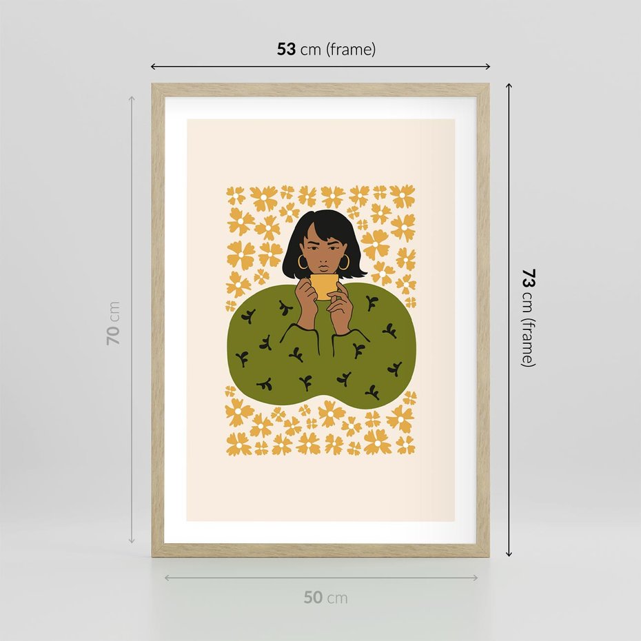 Plakat w ramie 50x70 - Wewnętrzne Fale - nowoczesny plakat, kobieta otoczona liśćmi - rama drewno