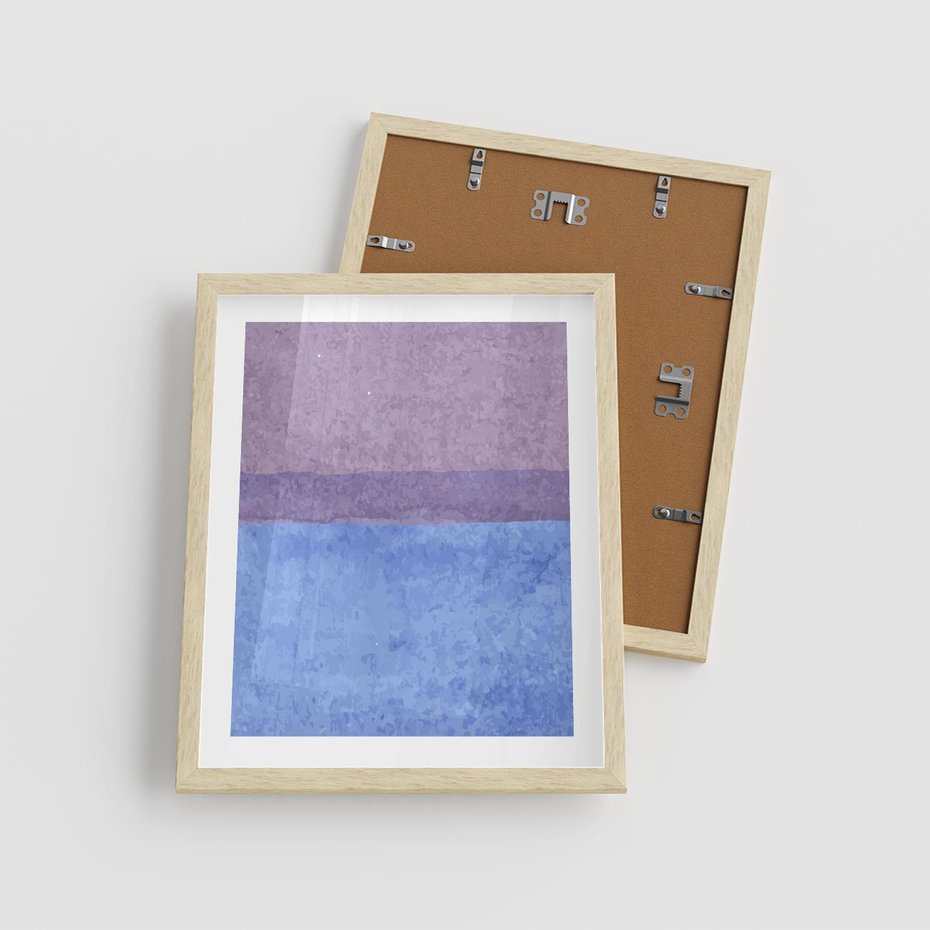 Plakat w ramie 40x50 - Taniec Światła - kolorowe akwarelowe pasy, odcienie fiolet - rama drewno