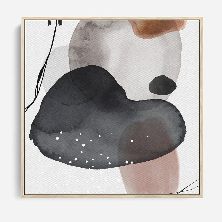 Obraz w ramie 80x80 - Impresje Harmonii - abstrakcyjne plamy akwarelowe, czarny szkic - rama drewno