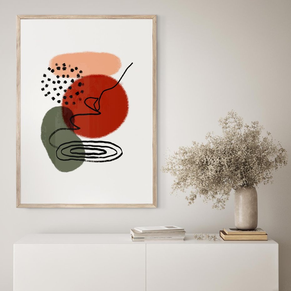 Plakat w ramie 50x70 - Boho w Brązie - abstrakcyjna sztuka, boho kształty - rama drewno