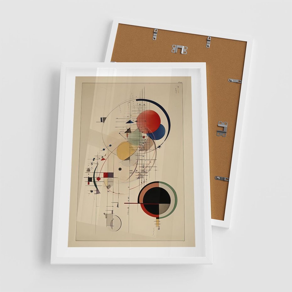 Plakat w ramie 50x70 - Impulsy Wydobyte z Cienia - abstrakcyjna geometryczna kompozycja, koła linie - rama biała