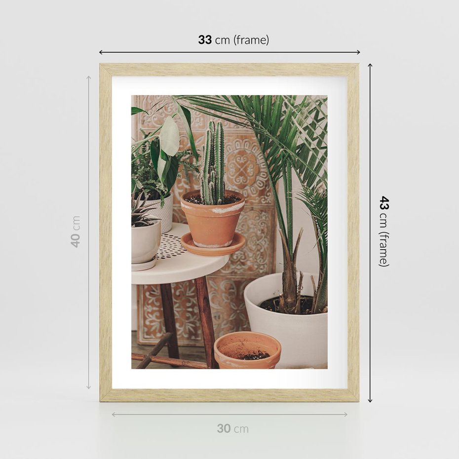 Plakat w ramie 30x40 - Boho Oaza: Kaktusy w Doniczkach - rośliny kaktusy w doniczkach, boho wnętrze - rama drewno