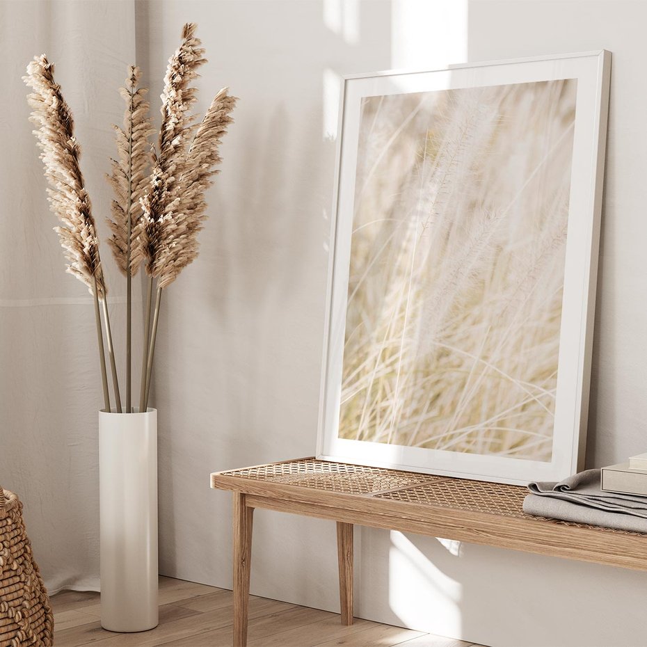 Plakat w ramie 30x40 - Białe Trawy Pampas - suche trawy, białe trawy - rama biała