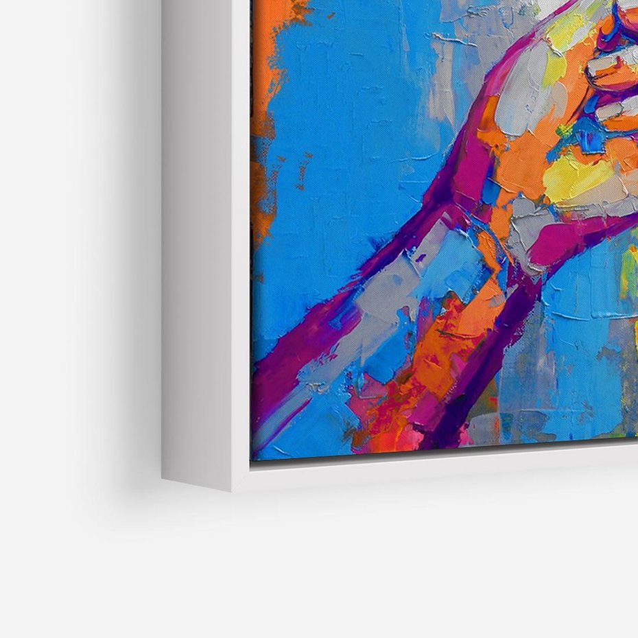 Obraz w ramie 70x50 - Refrakcje wewnętrznego światła - abstrakcyjne dzieło, dłoń trzyma żarówkę - rama biała