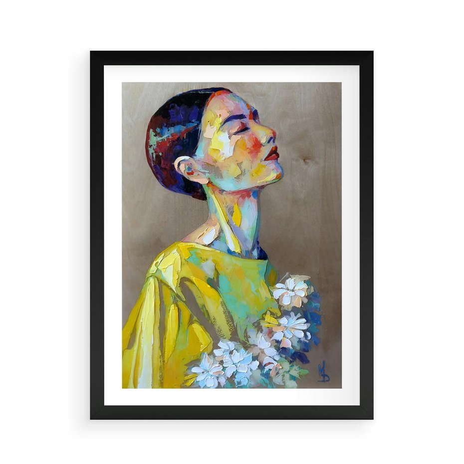 Plakat w ramie 50x70 - W Żółtej Sukience - olejny abstrakcyjny obraz, portret kobiety w żółtej sukience - rama czarna