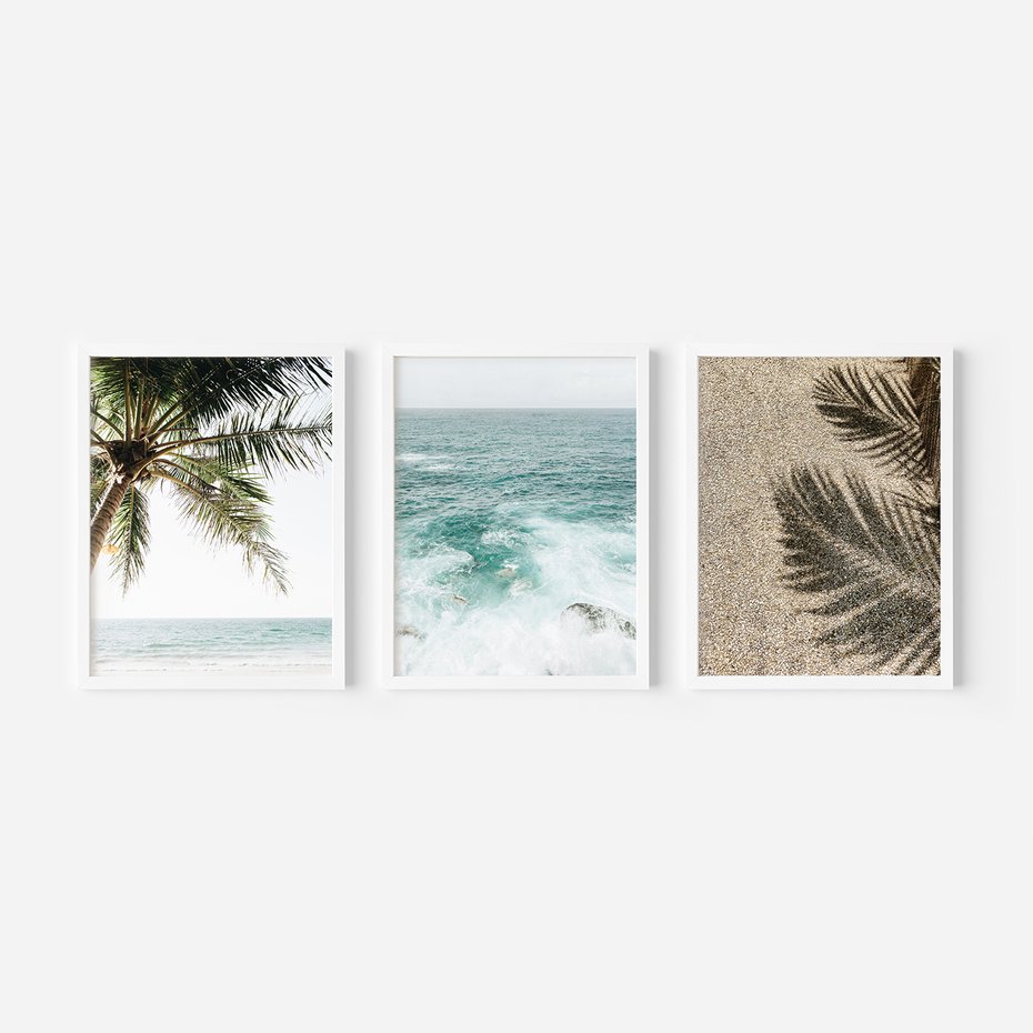 Zestaw obrazy w ramie 50x70 galeria - Plaża, palmy, lato, wakacje - rama biała