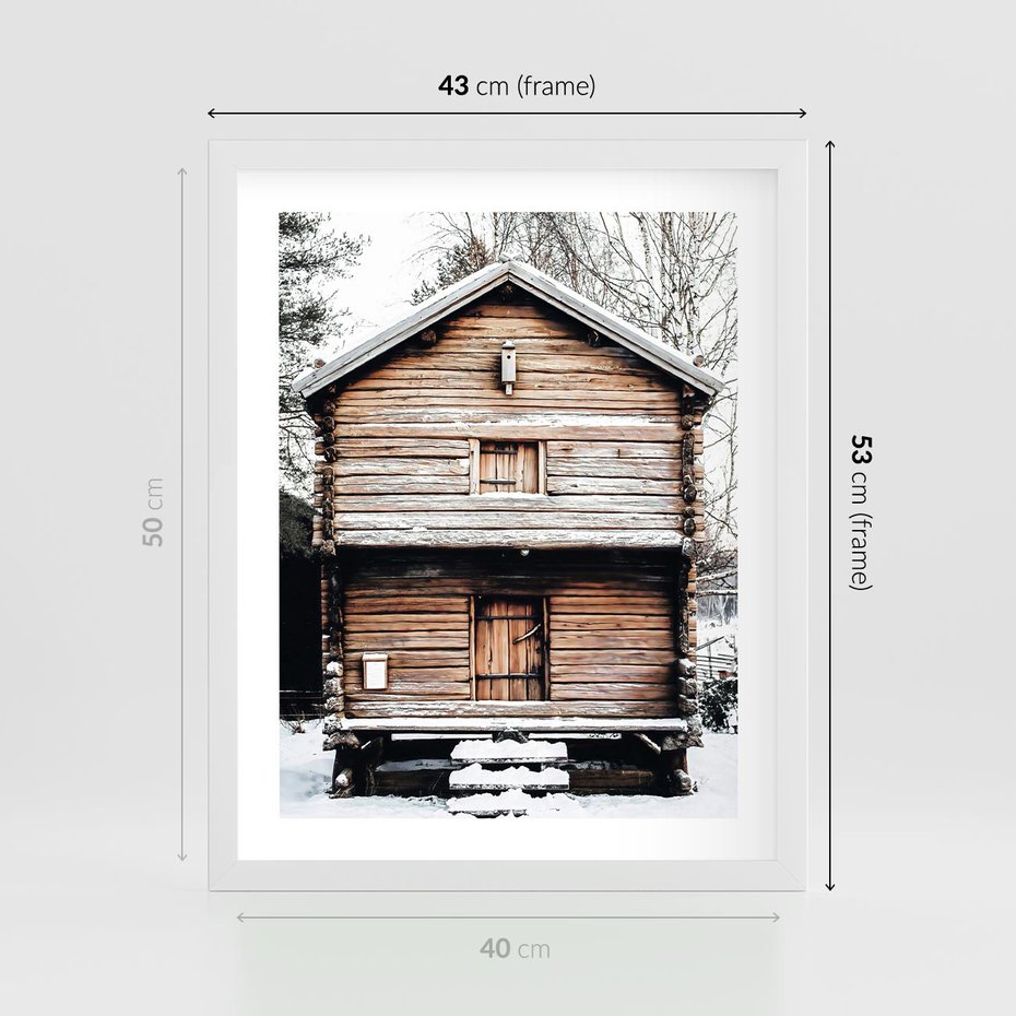 Plakat w ramie 40x50 - Śnieżny Ustronny Raj - domek w górach, śnieg - rama biała