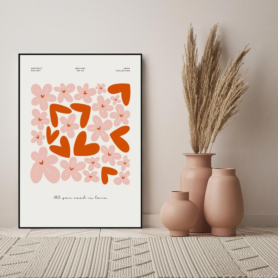 Obraz w ramie 50x70 - Miłość w Kompozycji - grafika, kompozycja kwiaty i serca - rama czarna