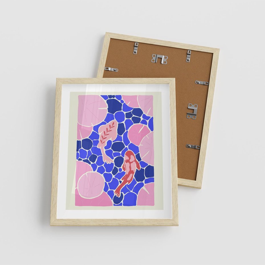 Plakat w ramie 40x50 - Rzeka Abstrakcji - abstrakcyjna kompozycja, różowe ryby wśród rafy - rama drewno