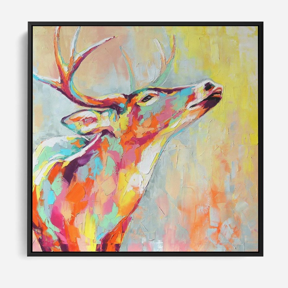 Obraz w ramie 50x50 - Impresje snów malarza - kolorowy olejny obraz, jeleń ryczący na rykowisku - rama czarna