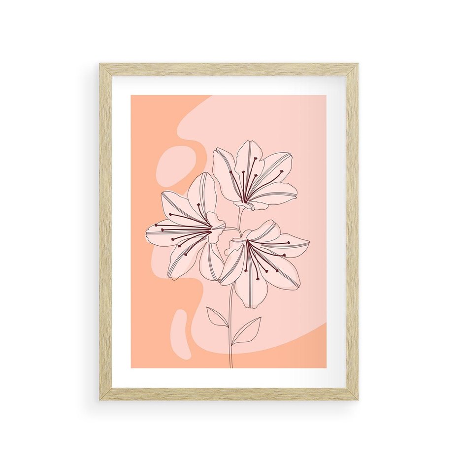 Plakat w ramie 30x40 - Kwiatowa Harmonia - minimalistyczny plakat, pudrowe kwiaty - rama drewno