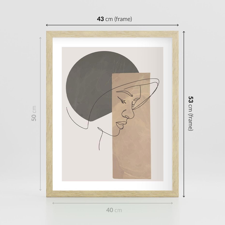 Plakat w ramie 40x50 - Jedną Linią: Kobieca Twarz - abstrakcja, plamy w tle - rama drewno