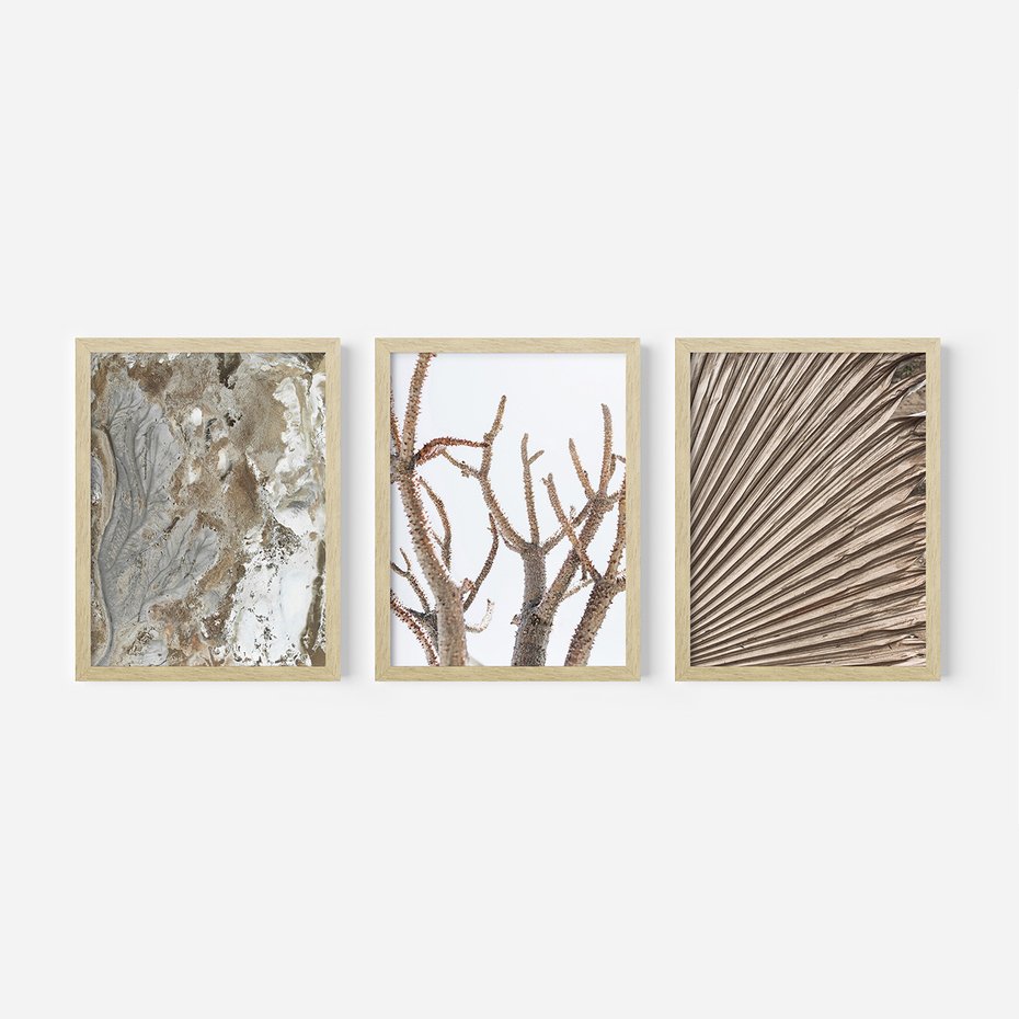 Zestaw obrazy w ramie 50x70 galeria - Minimalizm, beż, boho, suche - rama drewno