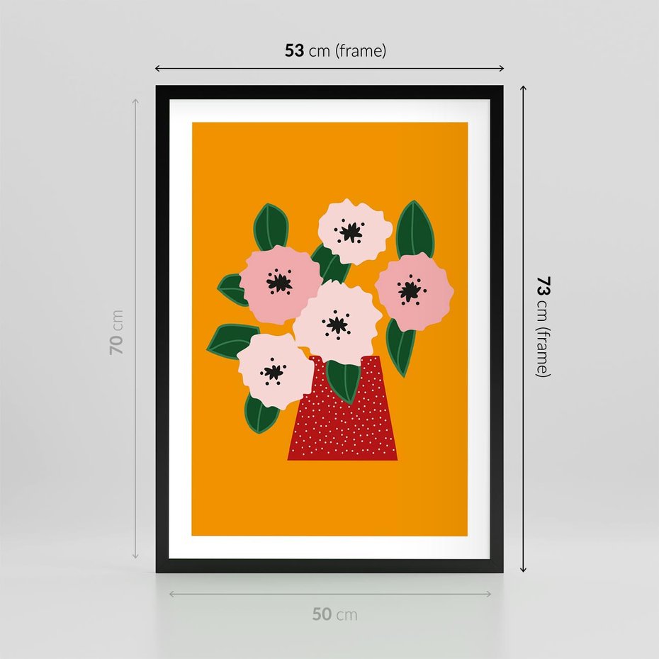 Plakat w ramie 50x70 - Harmonijne Granice - abstrakcyjne kwiaty, żółte tło - rama czarna