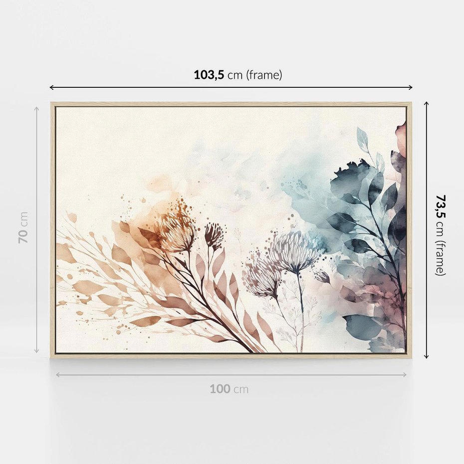 Obraz w ramie 100x70 - Nostalgiczne tańce pędzla - akwarelowe kwiaty, gałęzie - rama drewno