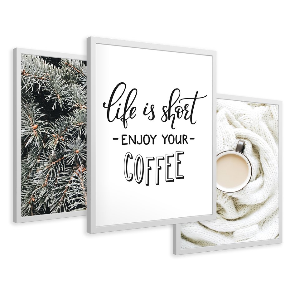 Zestaw obrazy w ramie 50x70 galeria - Kawa, zima, koc - rama biała