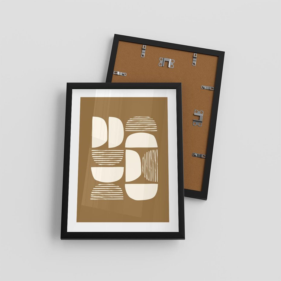 Plakat w ramie 30x40 - Wewnętrzne Spektrum - geometryczne boho kształty na brązowym, karmelowym tle - rama czarna