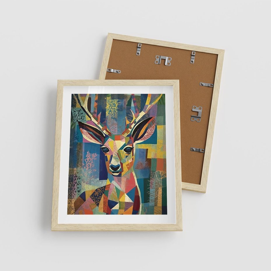 Plakat w ramie 40x50 - Bezgraniczne Kontury Zaskoczenia - abstrakcyjny obraz olejny, jeleń - rama drewno
