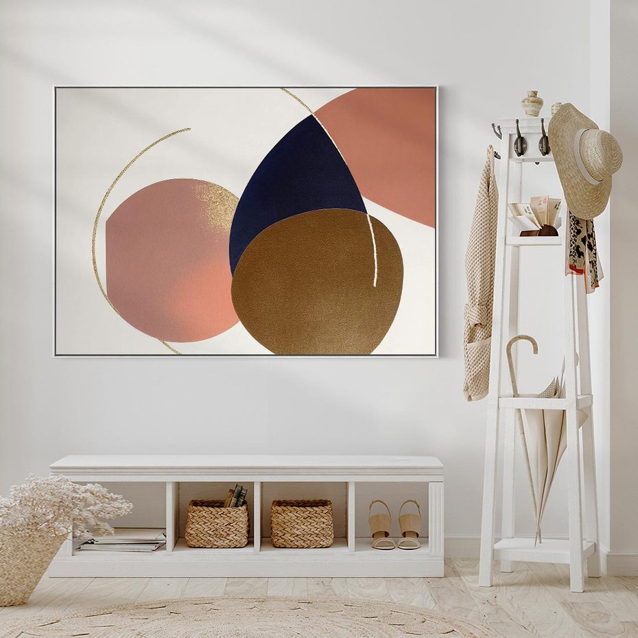 Obraz w ramie 100x70 - Pudrowe Kreacje - abstrakcyjne plamy koła złote linie modern art - rama biała