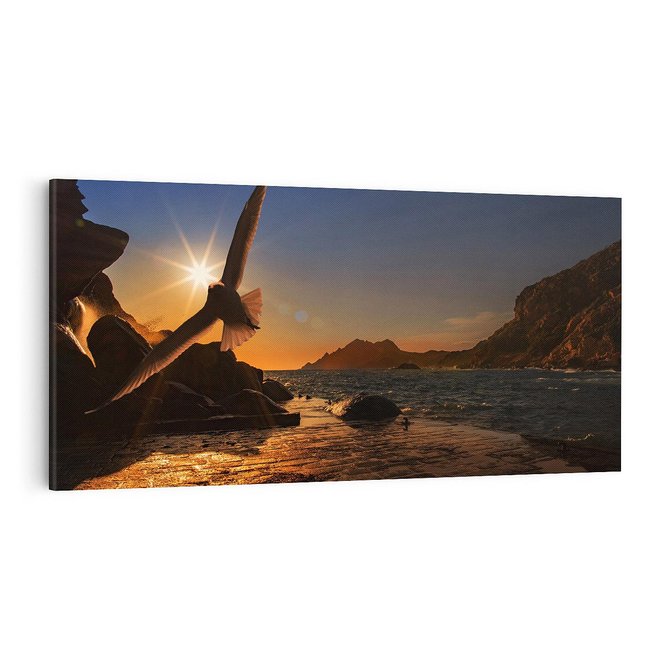 Obraz na płótnie 100x50 - Zachód słońca nad morzem z mewą - mewa, morze