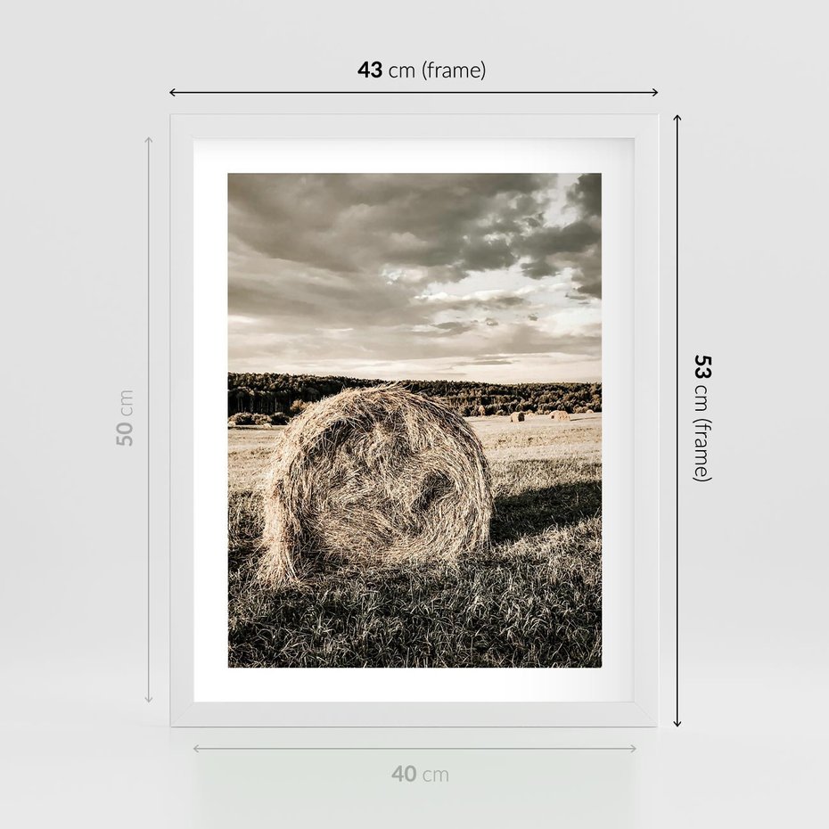 Plakat w ramie 40x50 - Ciepło Natury - snopki siana, pole - rama biała