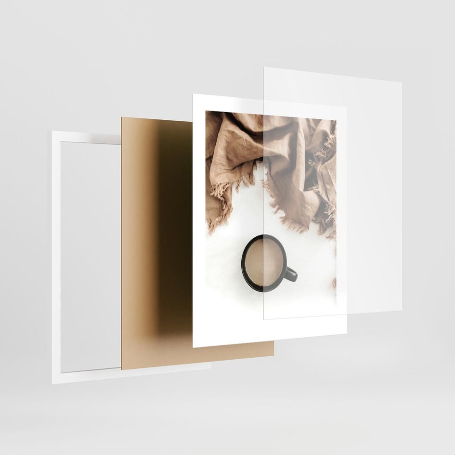 Plakat w ramie 40x50 - Kompozycja z Brązowym Kocem i Czarną Kawą - kompozycja, brązowy koc - rama biała